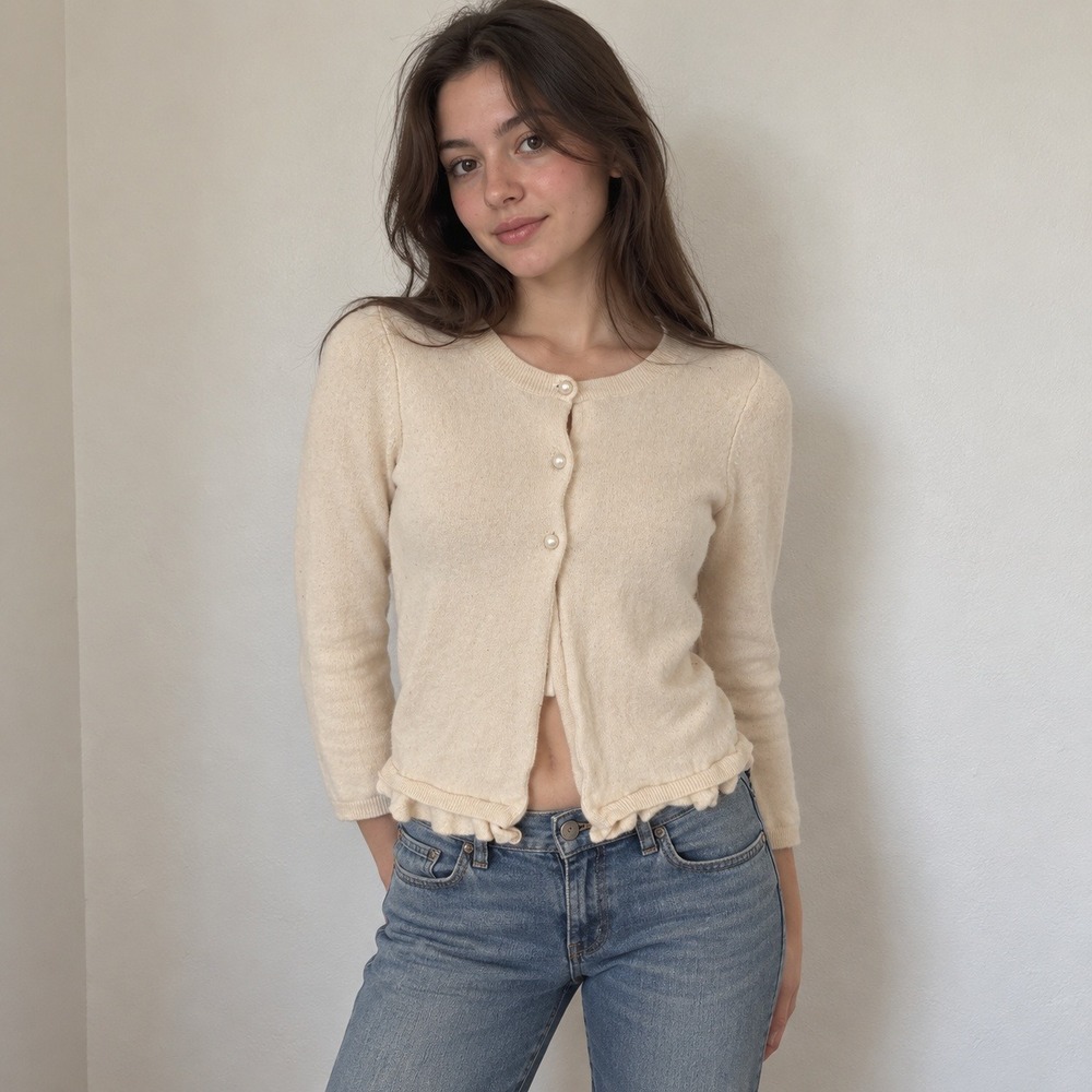 Vintage Y2K Sutton Cashmere Womens Sweater Medium Cream Ruffle Coquette Classic